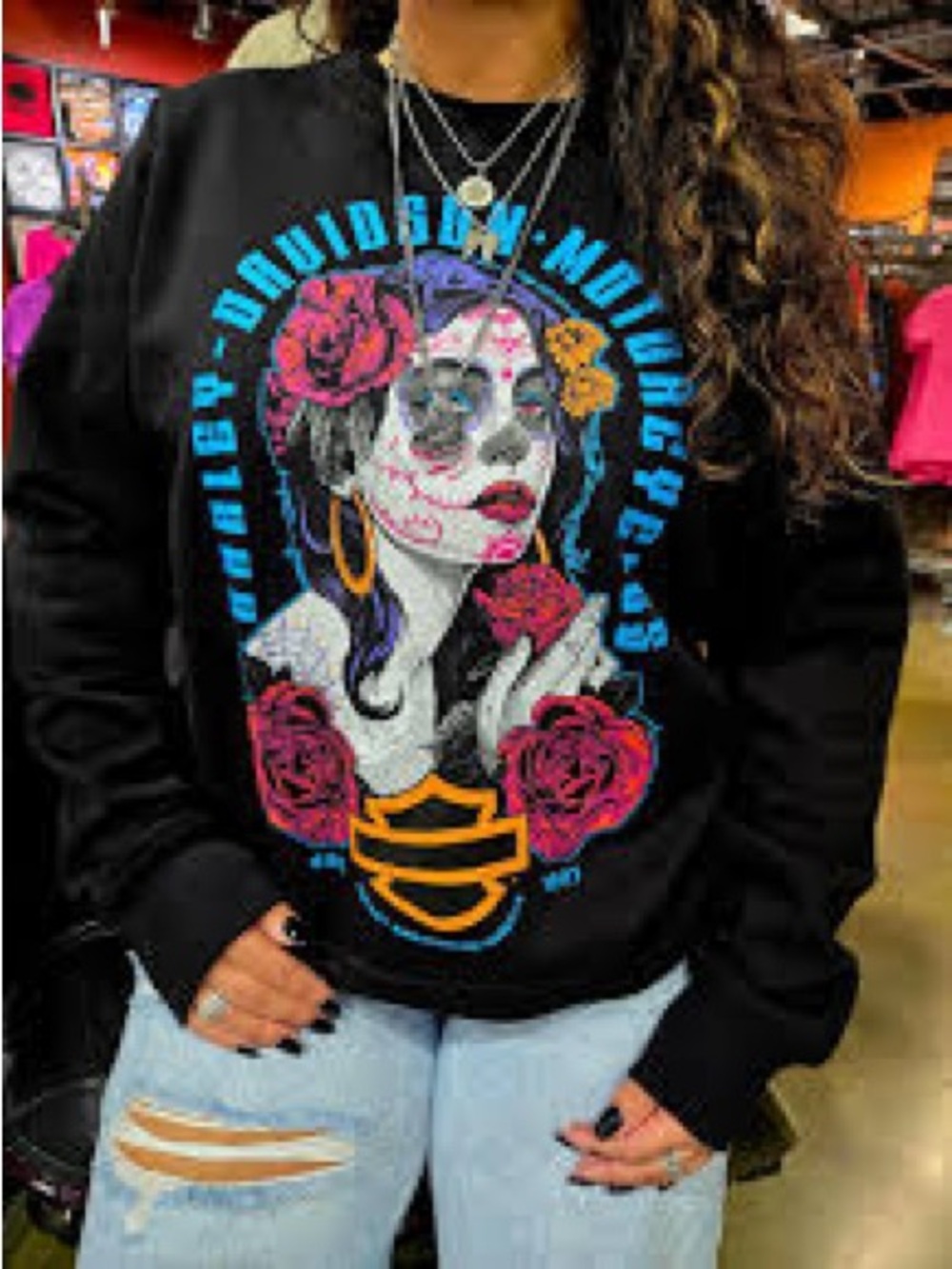 Harley-Davidson Black Sweatshirt with Colorful Dia de los Muertos Graphic